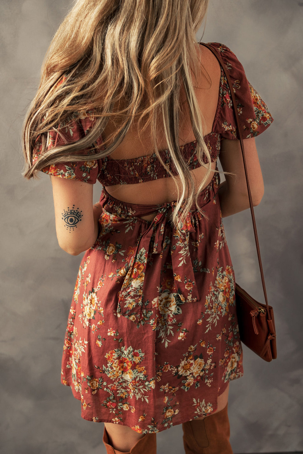Red Floral Puff Sleeve Square Neck Knot Open Back Mini Dress