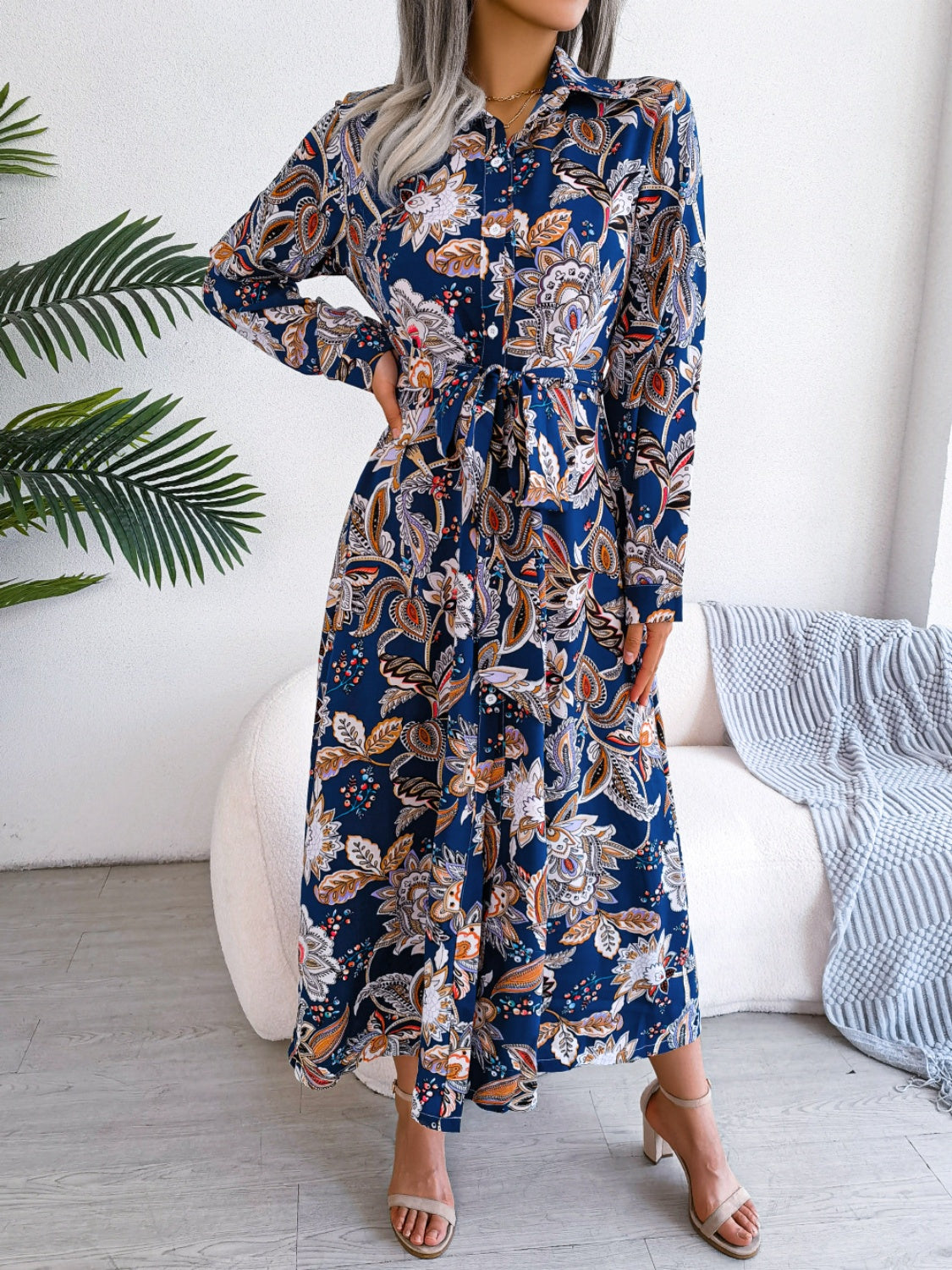 Hazel Blues® |  Tied Printed Long Sleeve Midi Dress