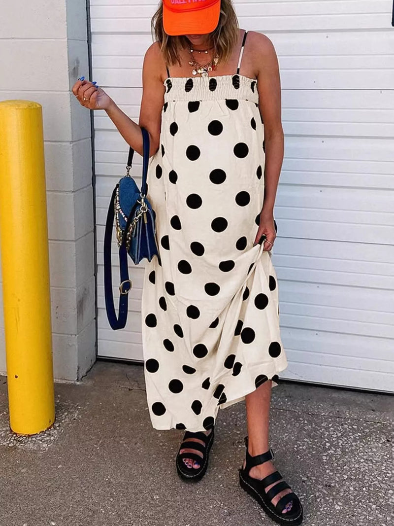 chinese dress ladies Polka Dot Spaghetti Strap Maxi Dress Beige / M