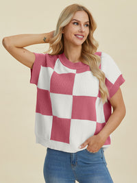 Hazel Blues® |  Double Take Checkered Round Neck Short Sleeve Sweater