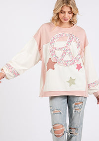 Hazel Blues® |  SAGE + FIG Peace & Star Patch Contrast Round Neck Sweatshirt