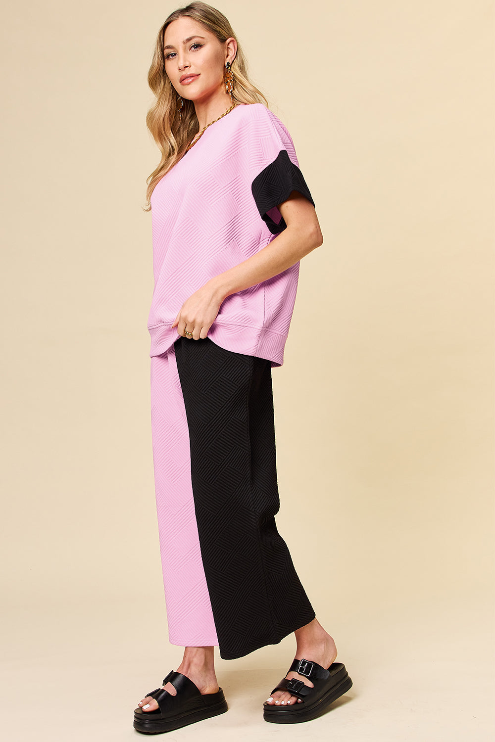 Hazel Blues® |  Double Take Texture Contrast T-Shirt and Wide Leg Pants Set