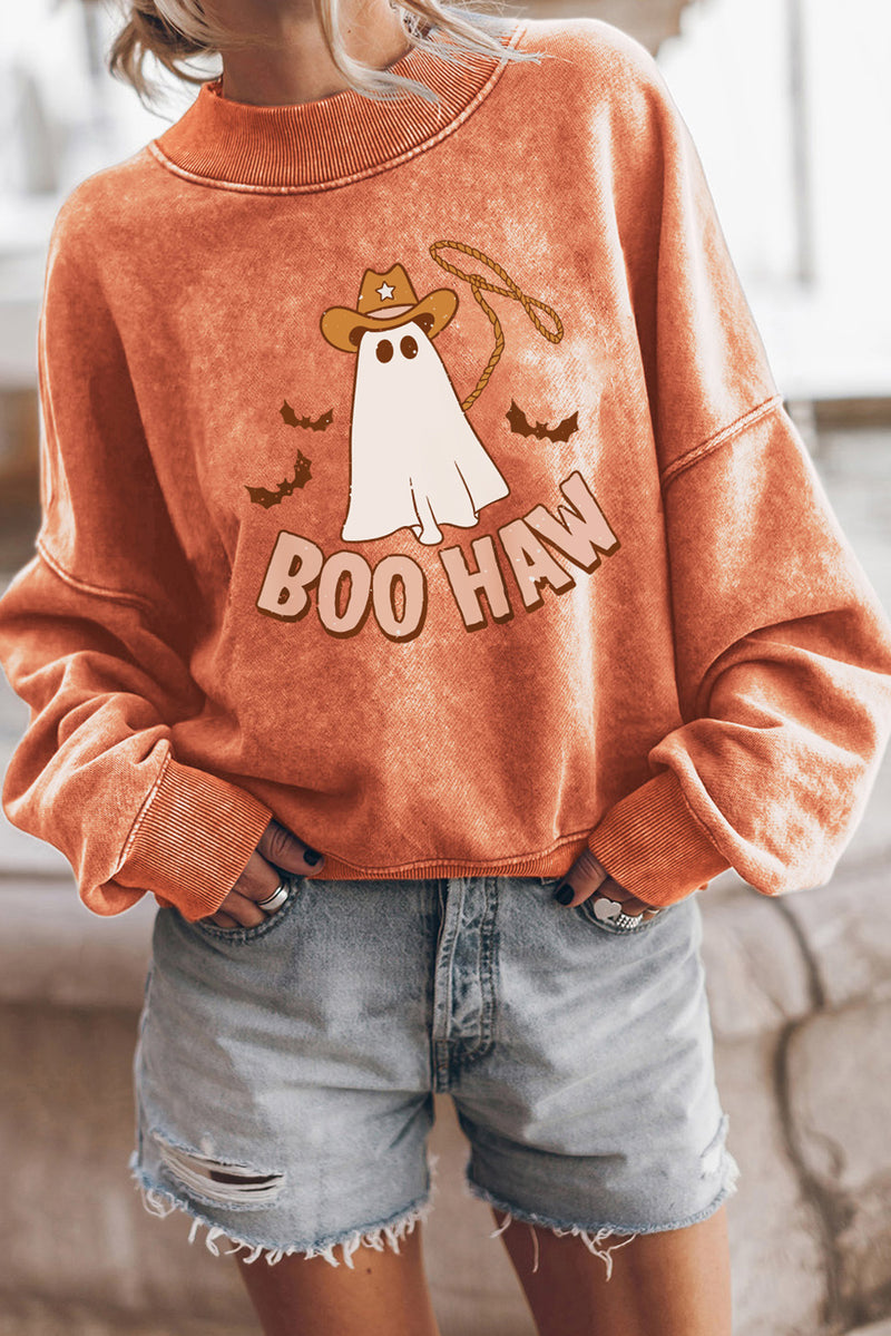 Hazel Blues® |  Orange BOO HAW Ghost Halloween Print Drop Sleeve Sweatshirt