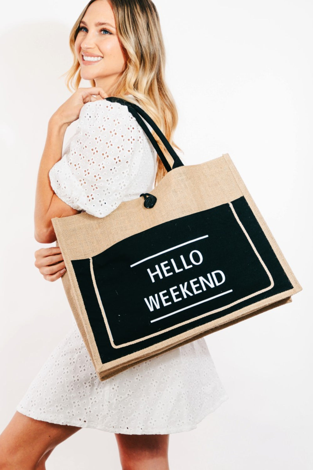 Hazel Blues® |  Fame Hello Weekend Burlap Tote Bag