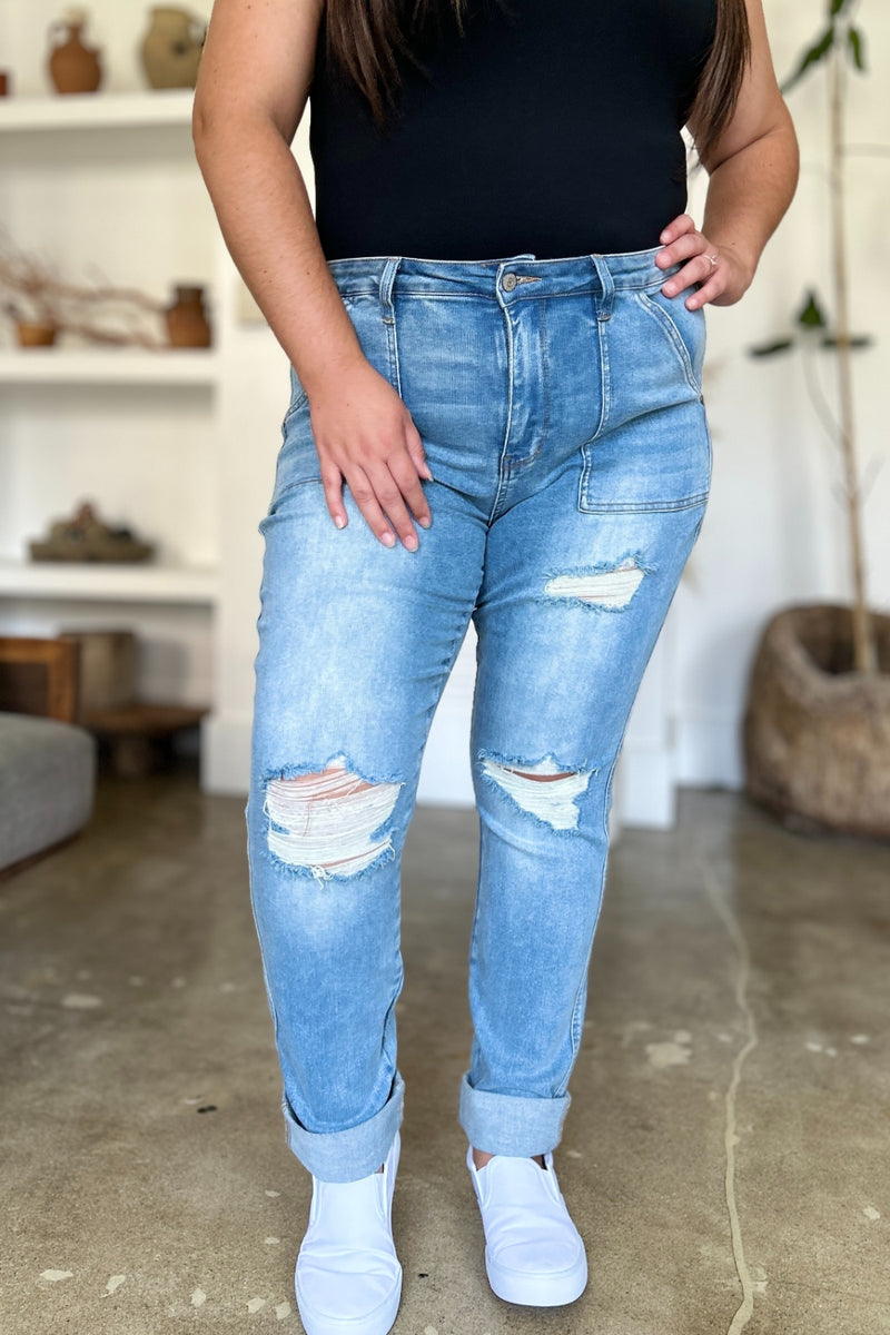 Hazel Blues® |  Judy Blue Distressed Straight Jeans with Patch Pockets