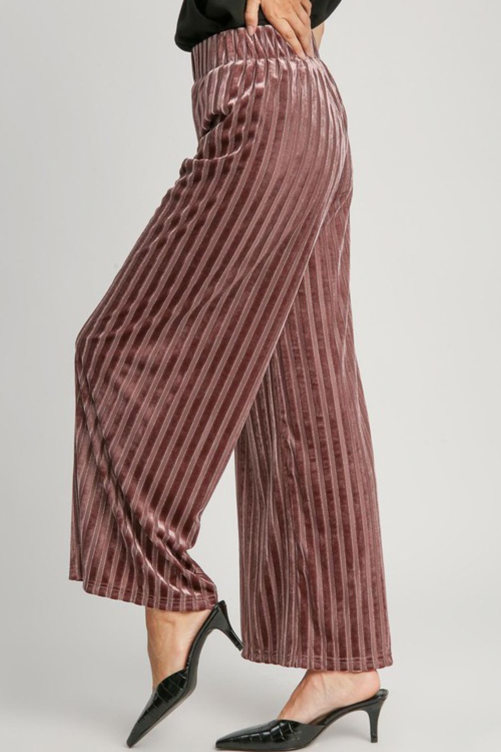 Hazel Blues® |  Umgee Elastic Waist Striped Wide Leg Velvet Pants