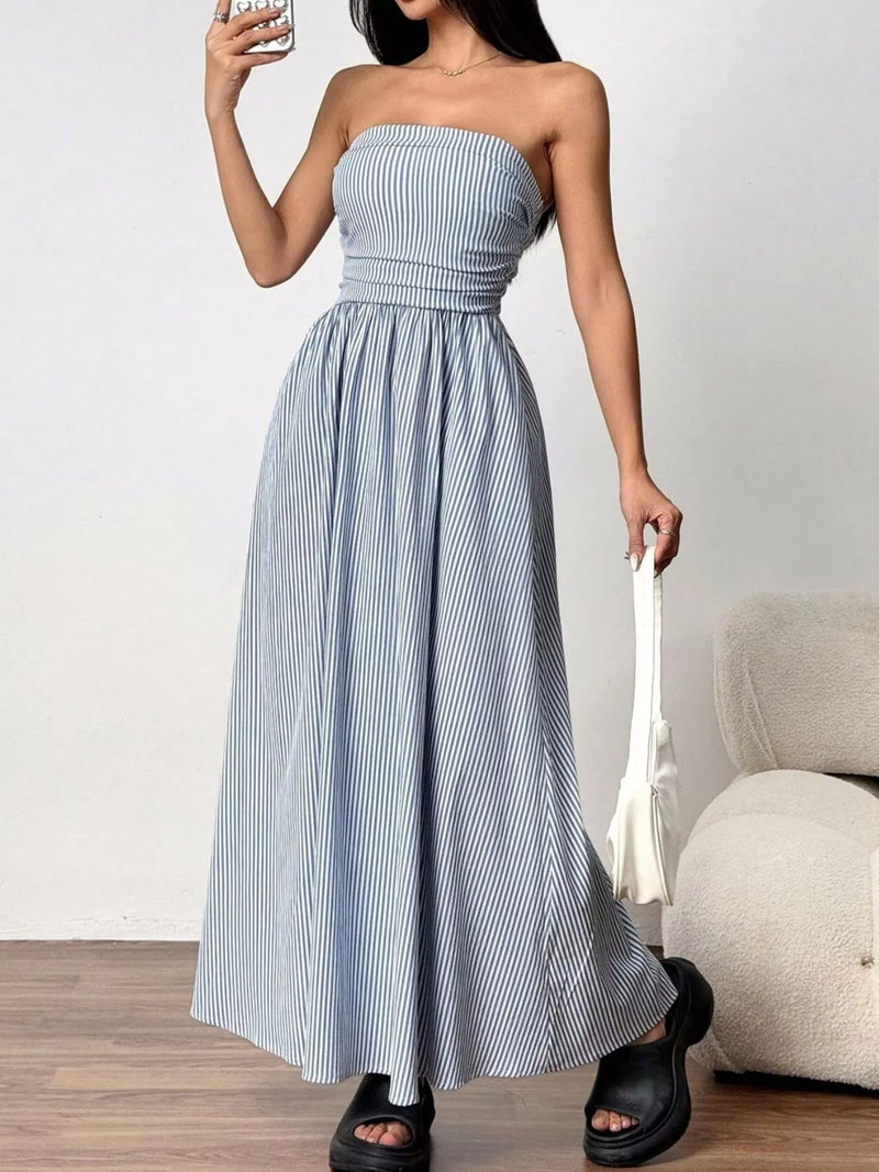 Striped Strapless Casual Maxi Dress from OhSoStyled at Sophia's Style Blue / XL Striped Strapless Casual Maxi Dress from OhSoStyled at Sophia's Style Blue / XL
