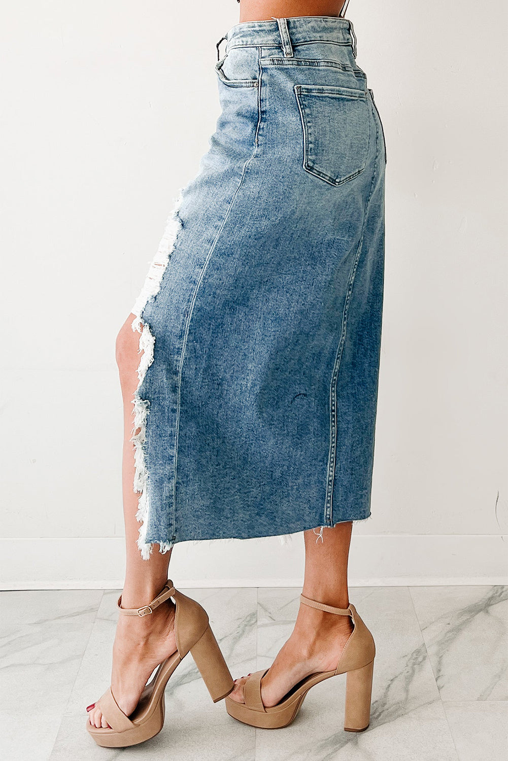 Hazel Blues® |  Myosotis Irregular Distressed Bottom Denim Midi Skirt