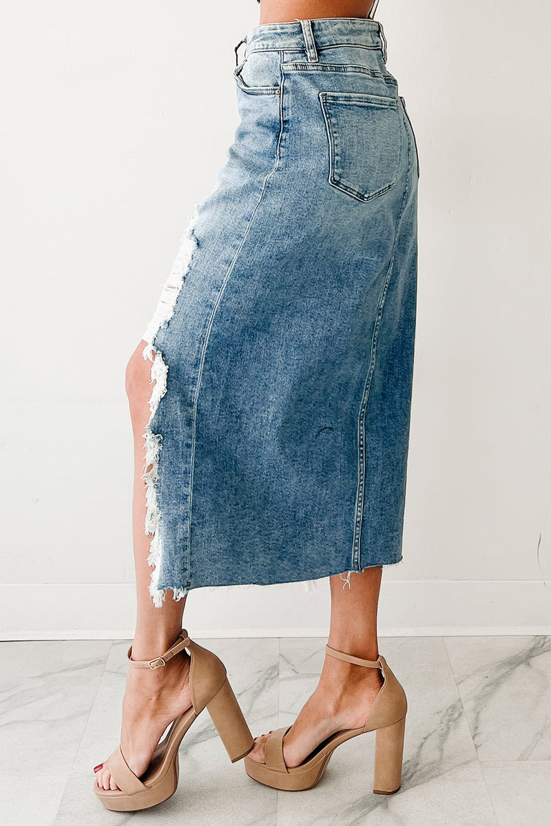 Hazel Blues® |  Myosotis Irregular Distressed Bottom Denim Midi Skirt
