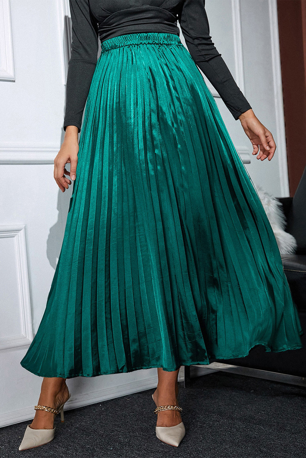 Hazel Blues® |  Elastic Waist Pleated Midi Skirt