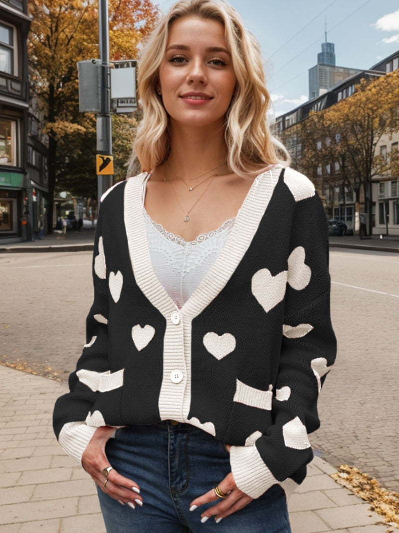 Hazel Blues® |  Heart Button Up Dropped Shoulder Long Sleeve Cardigan