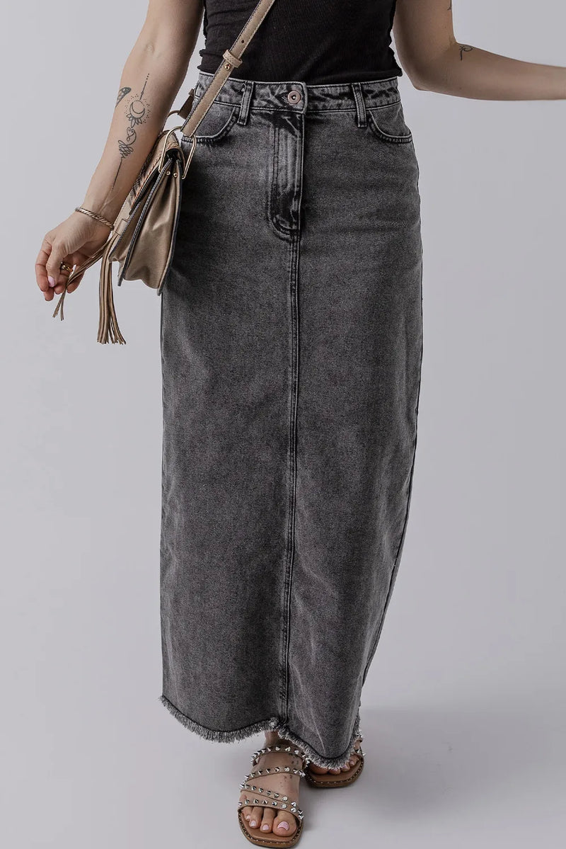 Hazel Blues® |  Raw Hem Midi Denim Skirt with Pockets