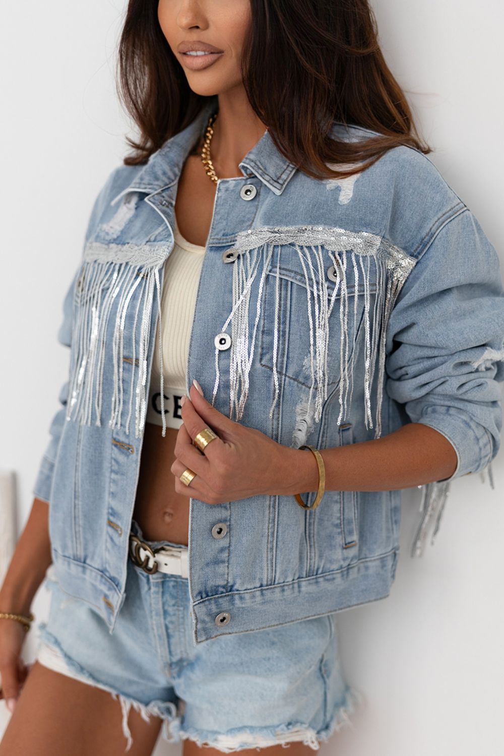 Hazel Blues® |  Sequin Fringe Trim Distressed Button Up Denim Jacket