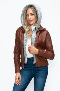 Hazel Blues® |  YMI Faux Layered Double-Zipper Jacket with Fuzzy Hood