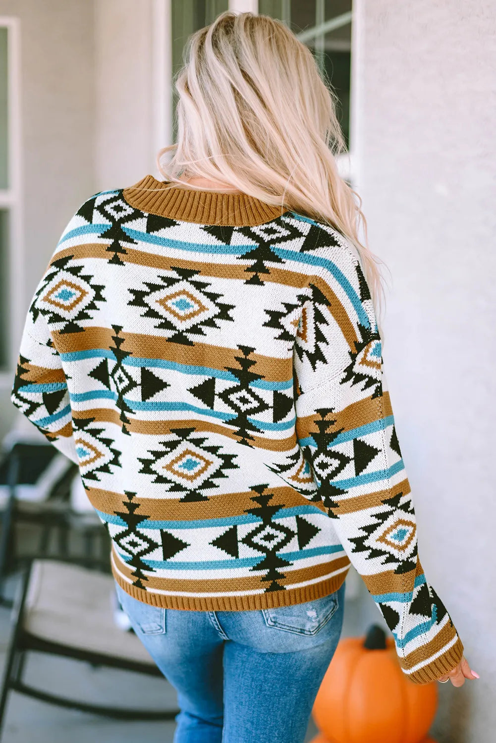 Hazel Blues® |  Geometric Round Neck Long Sleeve Sweater