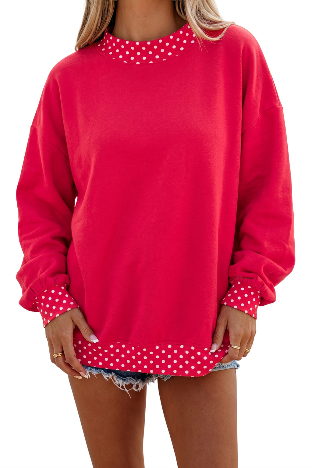 Color-Block Polka-Dot Contrast Trim Oversized Sweatshirt