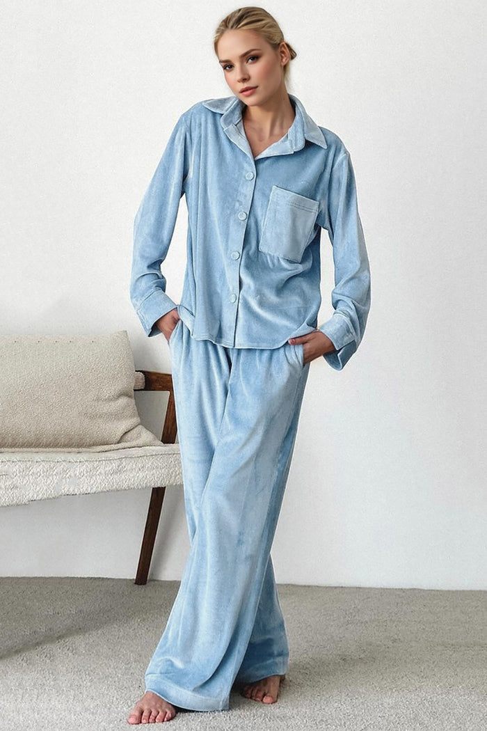 Hazel Blues® |  Basic Bae Buttery-Soft Collared Neck Button Up Top and Pants Set