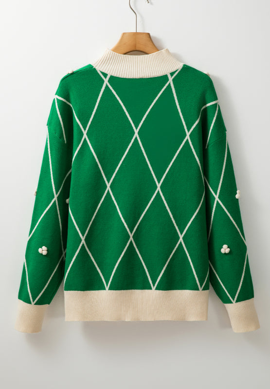 Hazel Blues® |  Diamond Pattern Contrast Trim Mock Neck Sweater