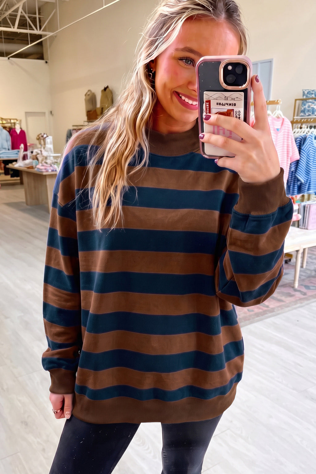 Juliette Paige Brown Stripe Color-Block Mock Neck Relaxed Sweatshirt