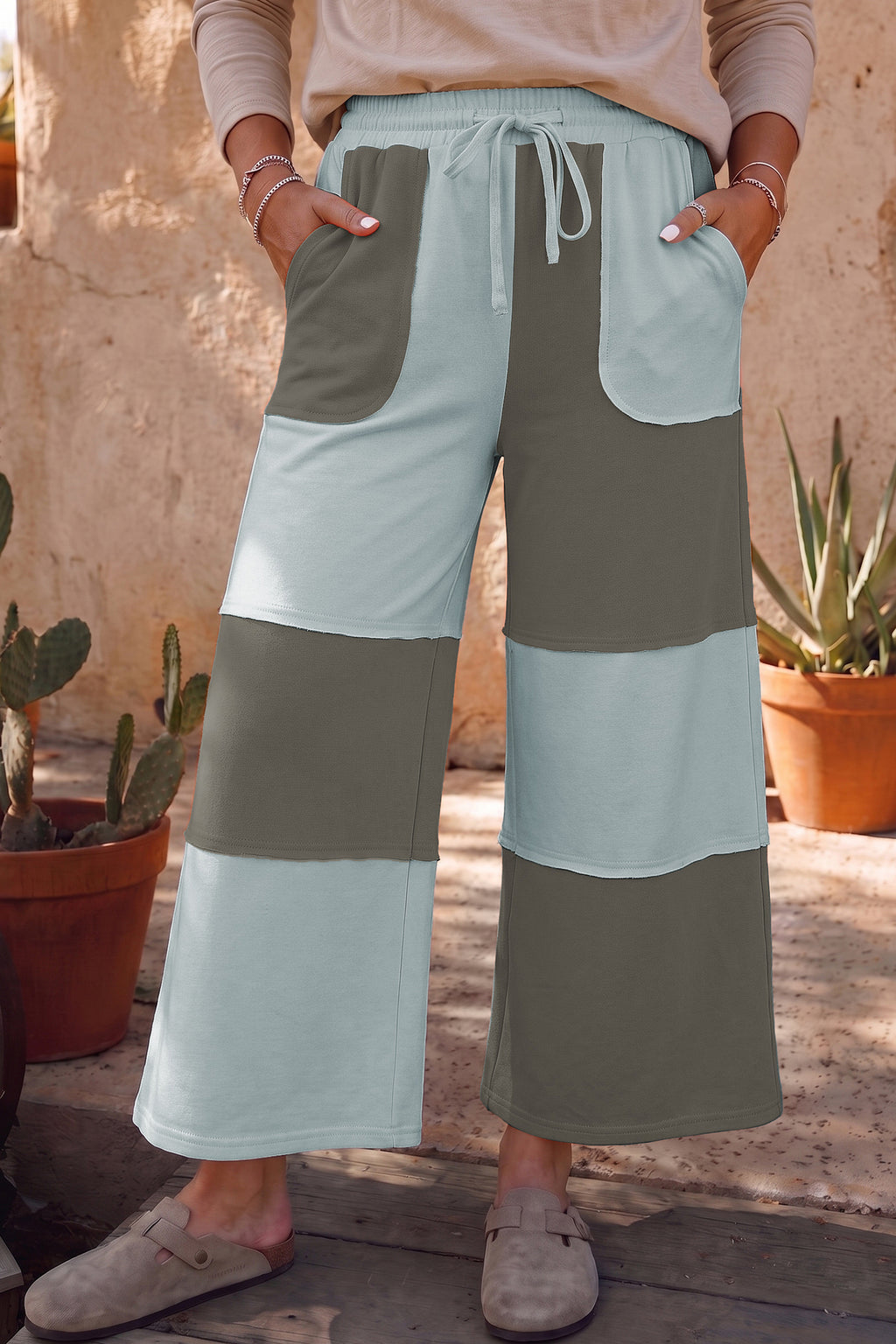 Violet Faith Blue Color-Block Wide-Leg Pants