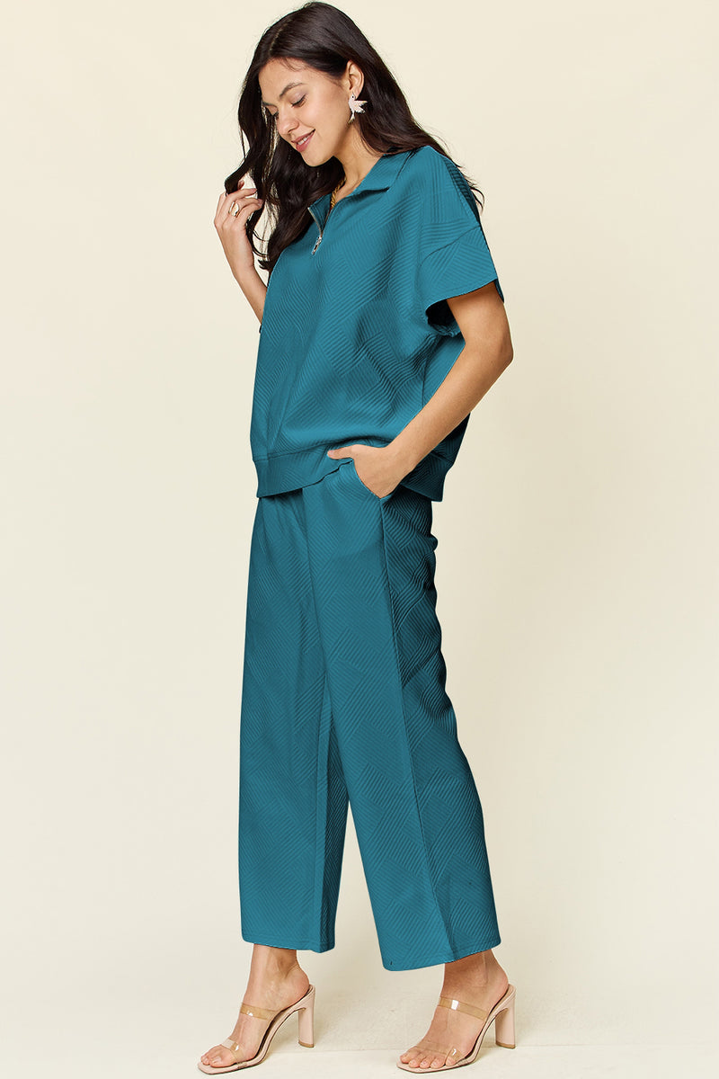 Hazel Blues® |  Double Take Texture Half Zip Short Sleeve Top and Pants Set