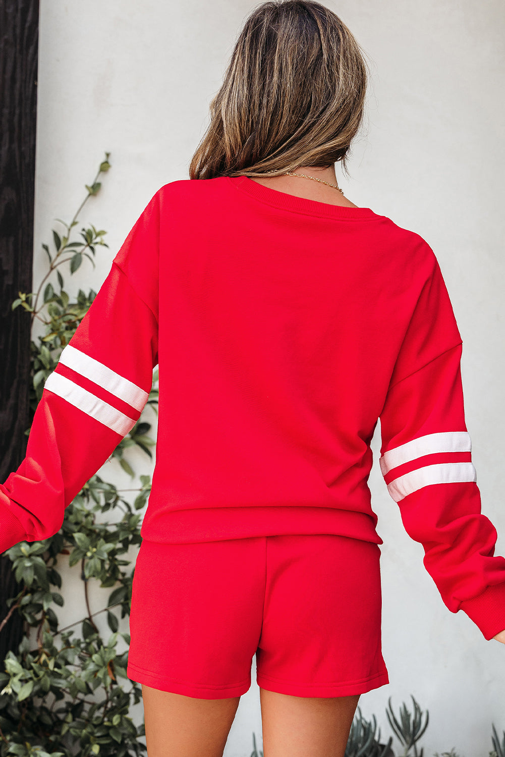 Rosalie Kate Fiery Red Varsity Striped Sleeve Drop Shoulder Sweatshirt and Short Set