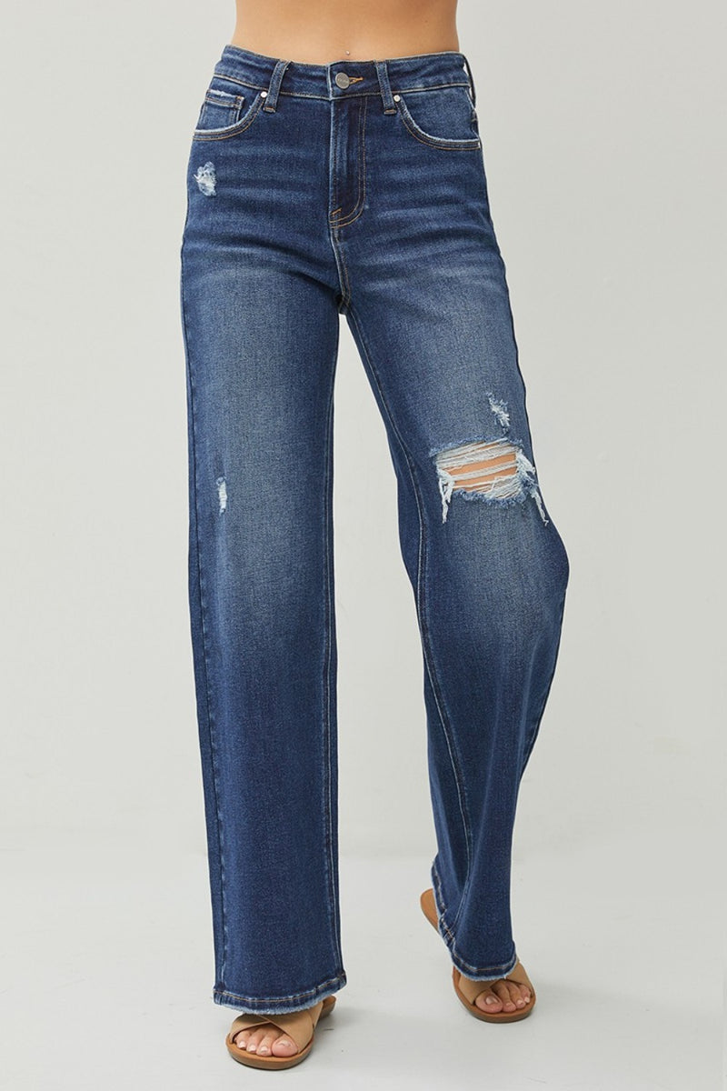 Hazel Blues® |  RISEN High Rise Distressed Wide Leg Jeans