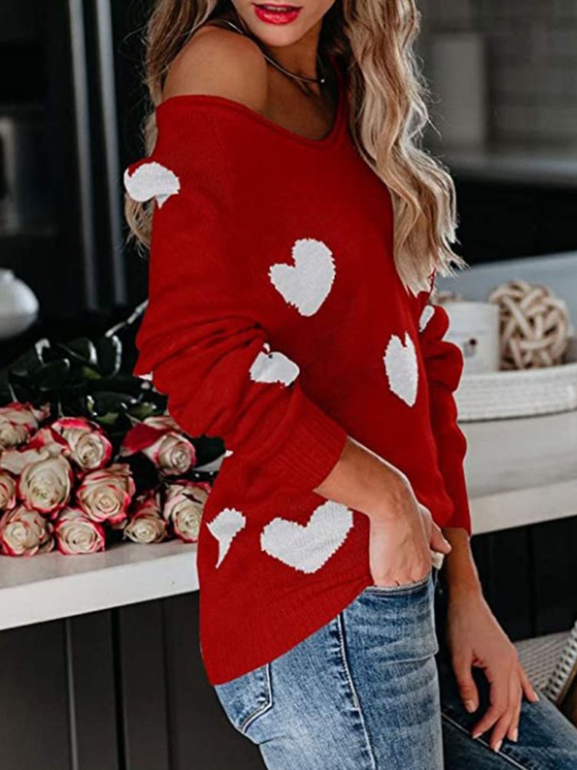 Hazel Blues® |  Heart Scoop Neck Long Sleeve Sweater