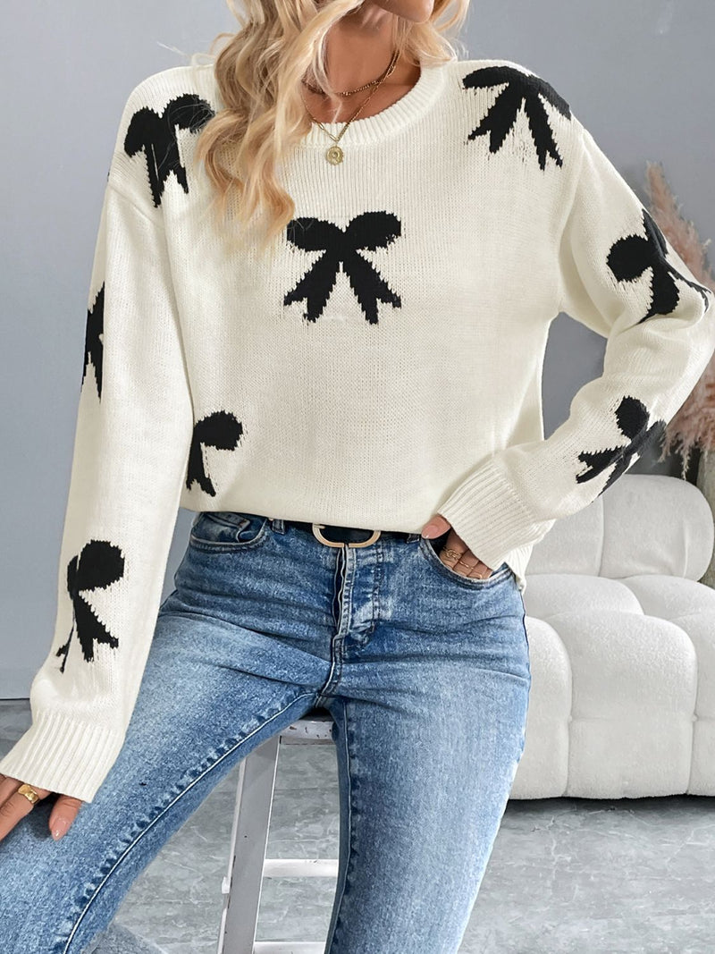 Hazel Blues® |  Perfee Bow Graphic Round Neck Long Sleeve Sweater