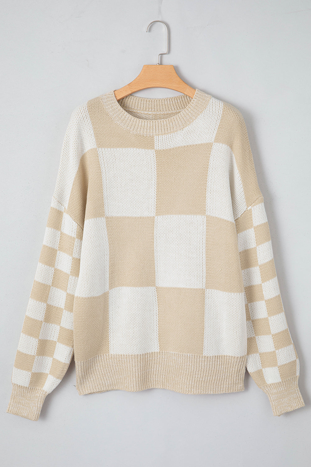 Hazel Blues® |  Checkered Round Neck Drop Shoulder Sweater