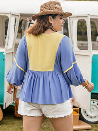 Hazel Blues® | Ruched Tie Neck Balloon Sleeve Blouse