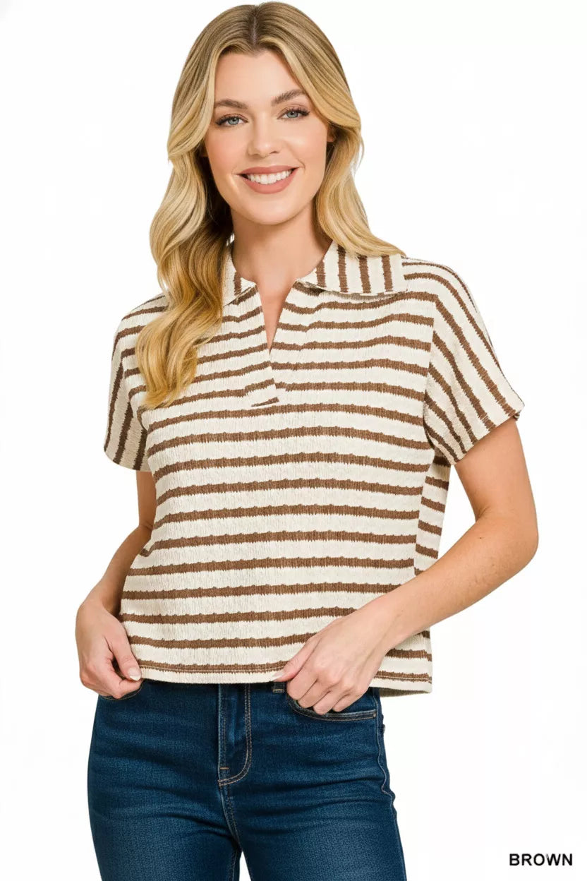 Hazel Blues® | Zenana Striped Split Neck Collared Top Hazel Blues® | Zenana Striped Split Neck Collared Top