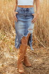 Hazel Blues® |  Myosotis Irregular Distressed Bottom Denim Midi Skirt