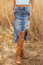 Hazel Blues® |  Myosotis Irregular Distressed Bottom Denim Midi Skirt