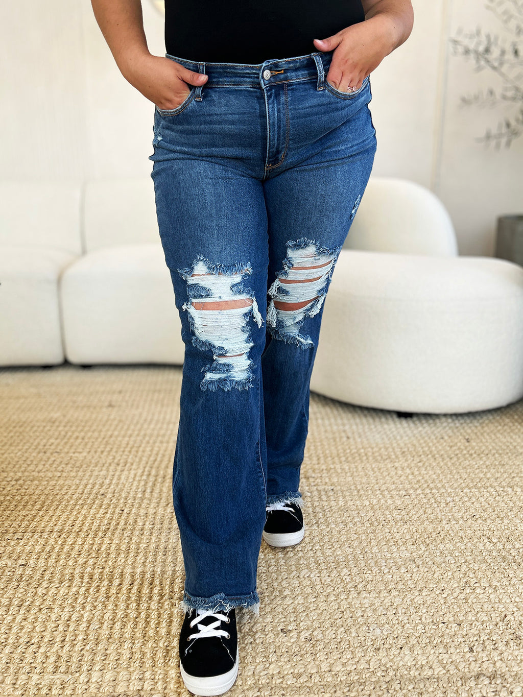 Hazel Blues® |  Judy Blue Mid Rise Distressed Raw Hem Jeans