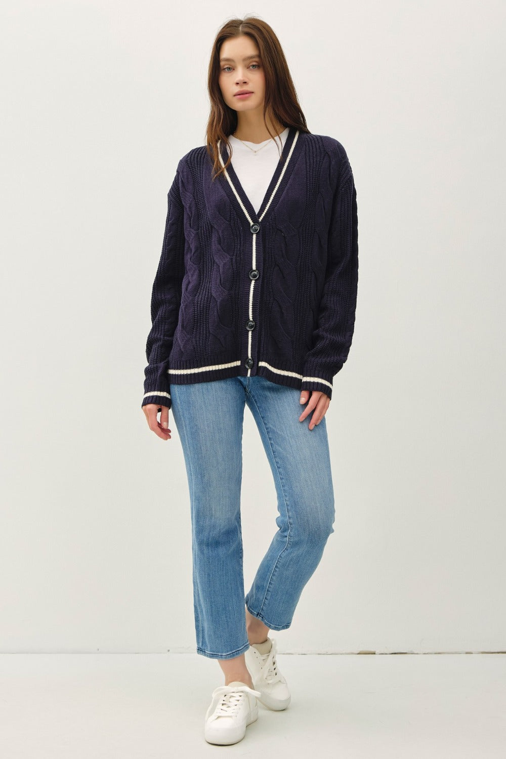 Hazel Blues® |  Be Cool Contrast Trim Cable-Knit V-Neck Cardigan