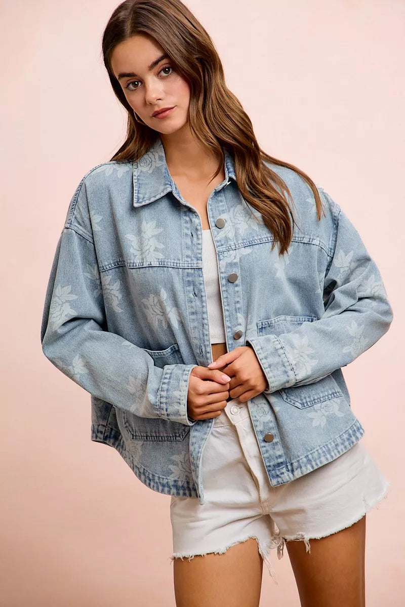 BiBi Printed Washed Denim Jacket With Pocket – Hazel Blues®