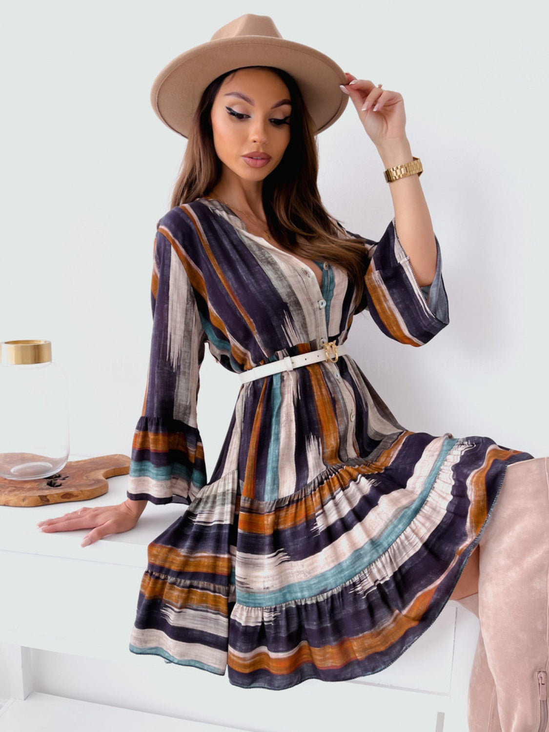 Hazel Blues® |  Buttoned Striped Long Sleeve Mini Dress