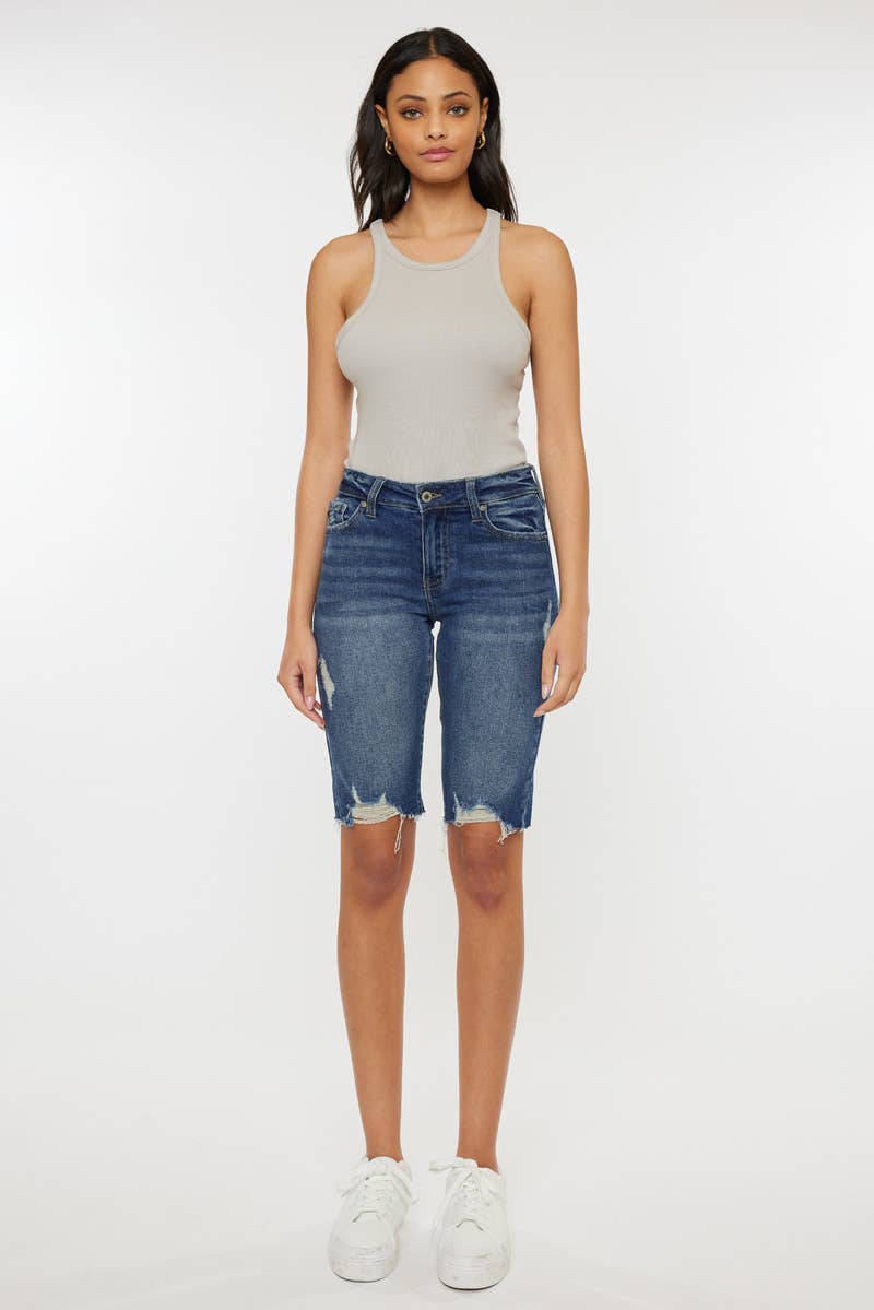 Hazel Blues® |  Kan Can Mid Rise Dark Wash Bermuda Shorts