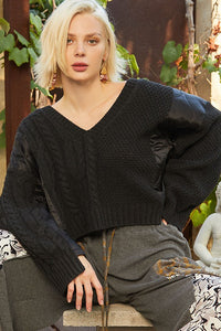 Hazel Blues® |  POL Cable Knit Quilting Patch V-Neck Sweater