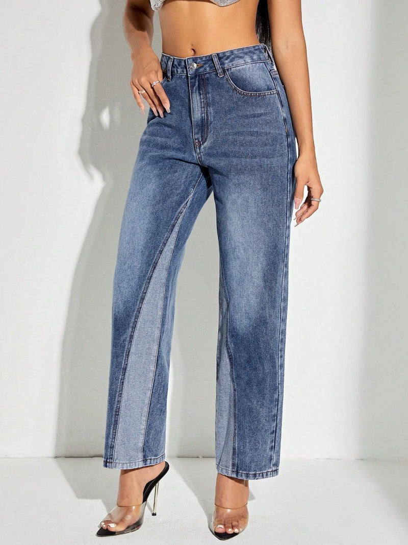 Hazel Blues® |  Contrast Patchwork Straight Jeans with Pockets