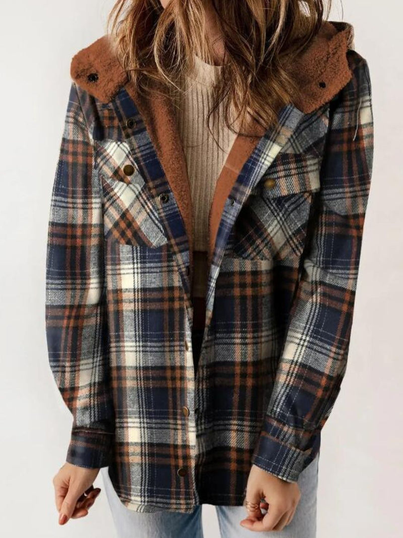 Hazel Blues® |  Plaid Snap Down Plush Hooded Jacket