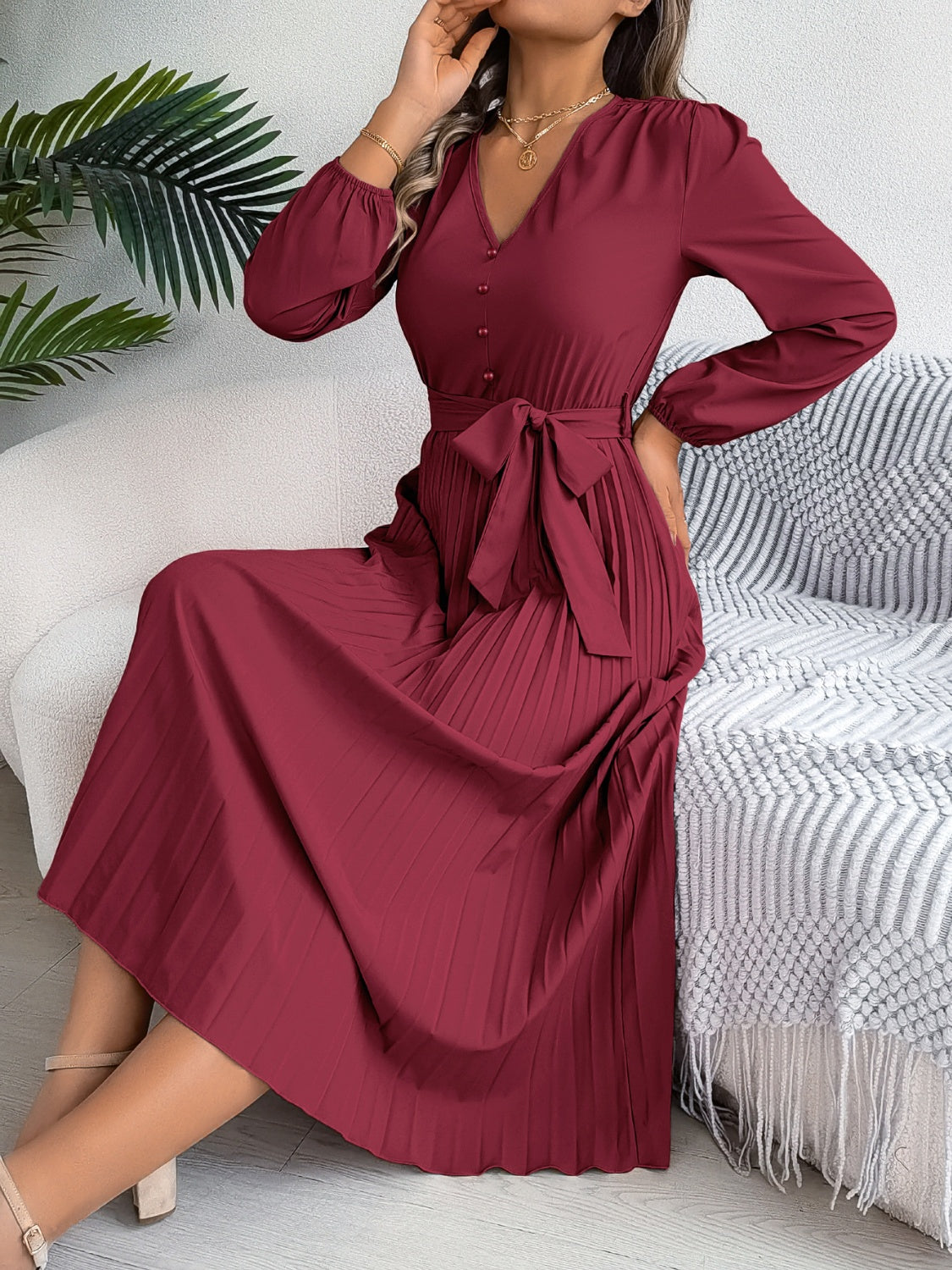 Hazel Blues® |  Pleated Tied V-Neck Long Sleeve Dress