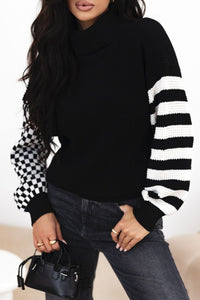 Hazel Blues® |  Striped & Checkered Turtleneck Dropped Shoulder Sweater