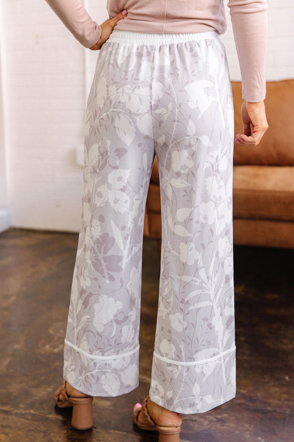 Gray Floral Print Wide Leg Ankle-Length Elastic Waistband Pants