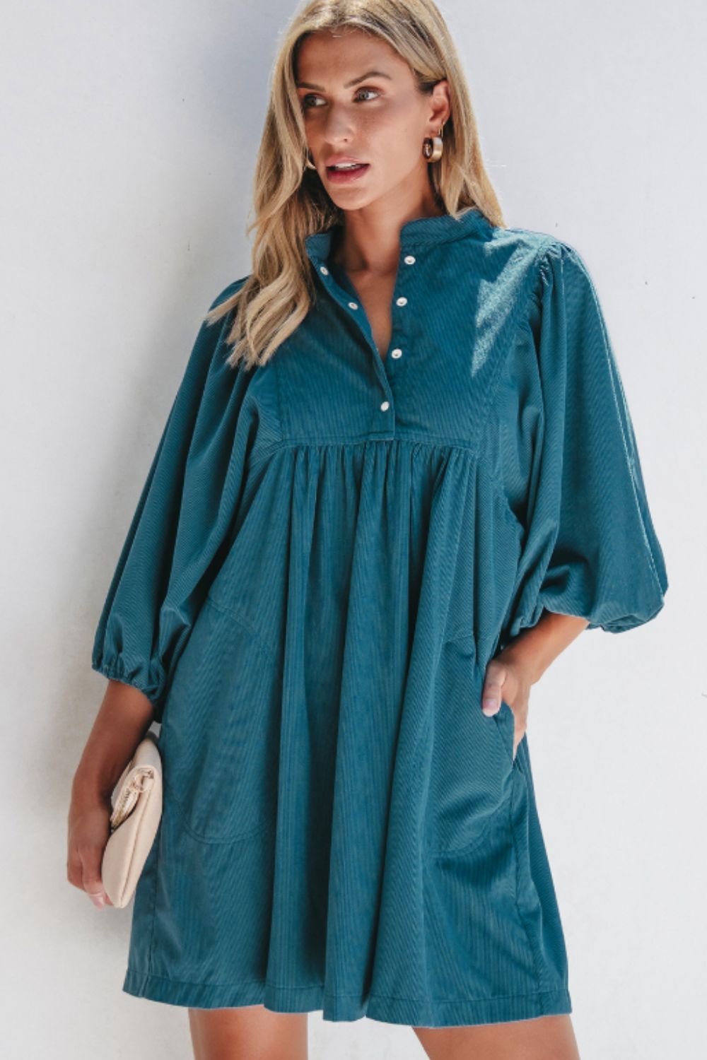 Hazel Blues® |  Corduroy Quarter Snap Three-Quarter Sleeve Dress