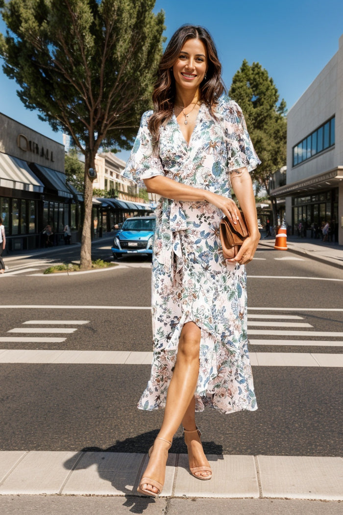 Hazel Blues® |  High-Low Printed Surplice Flutter Sleeve Midi Dress