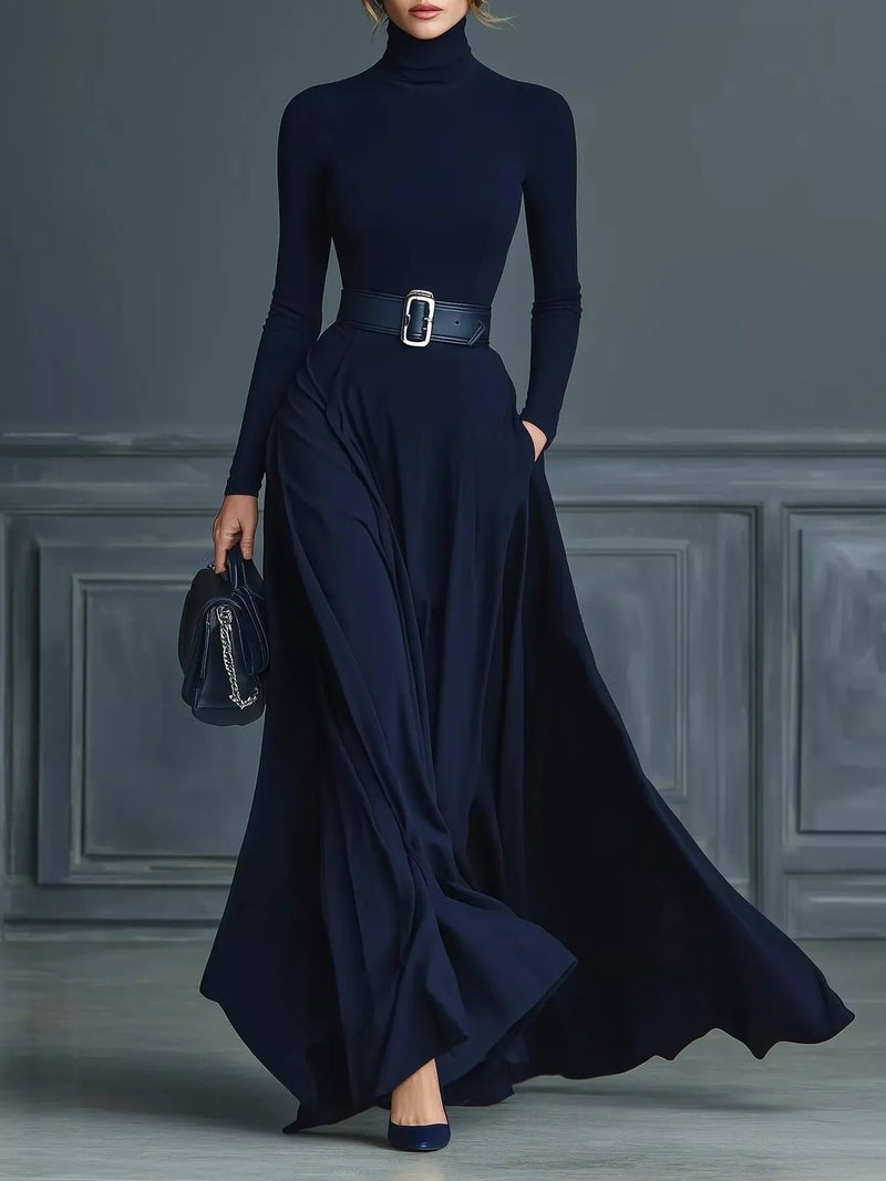 Women's Maxi Dress Sheath Dress Birthday Casual Formal Party Office Daily Regular Fit Plain Long Sleeve Turtleneck Navy