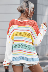 Hazel Blues® |  Hollow Striped Color Block Round Neck Sweater