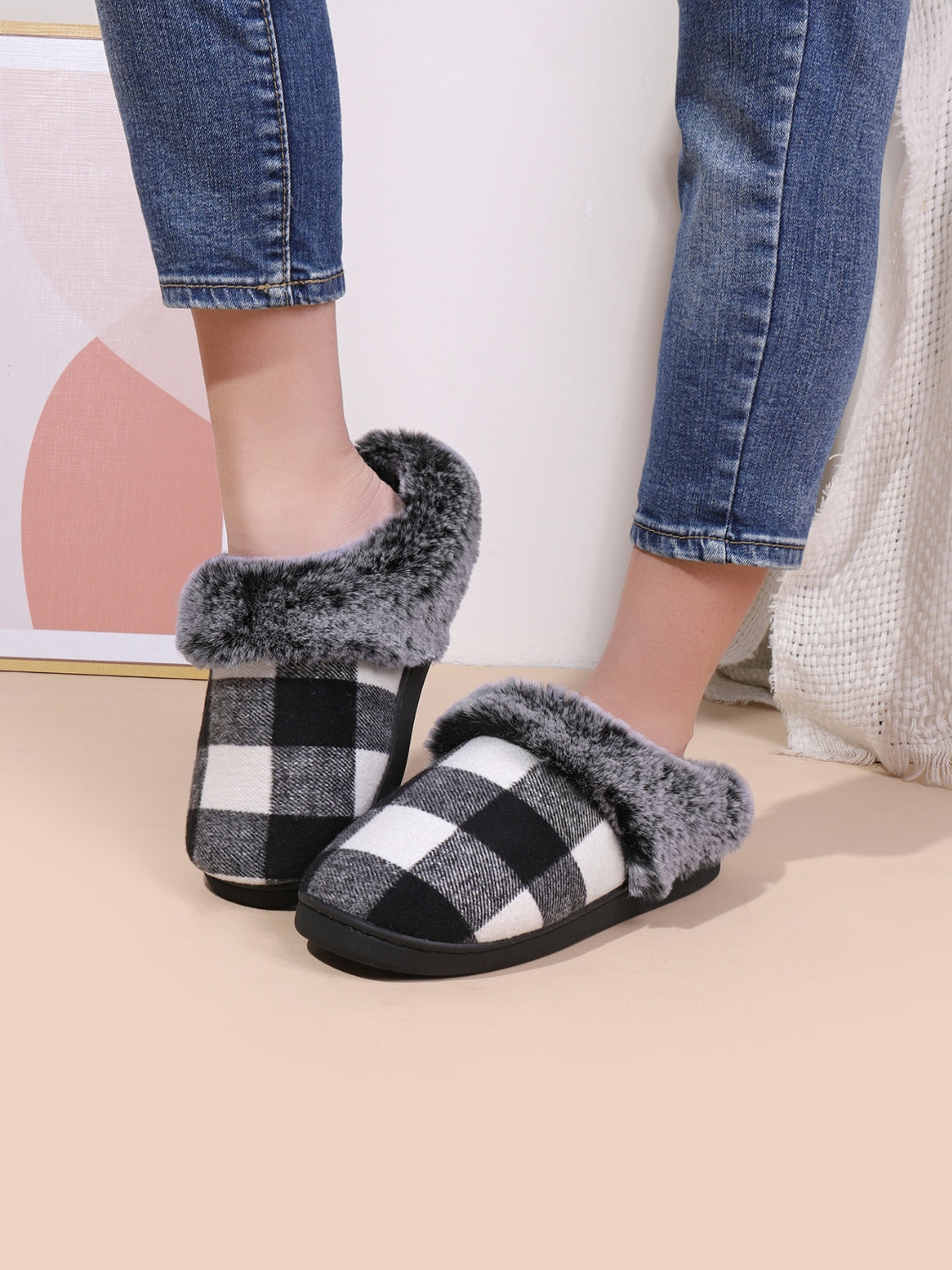 Hazel Blues® |  Plaid Furry Round Toe Flat Slippers